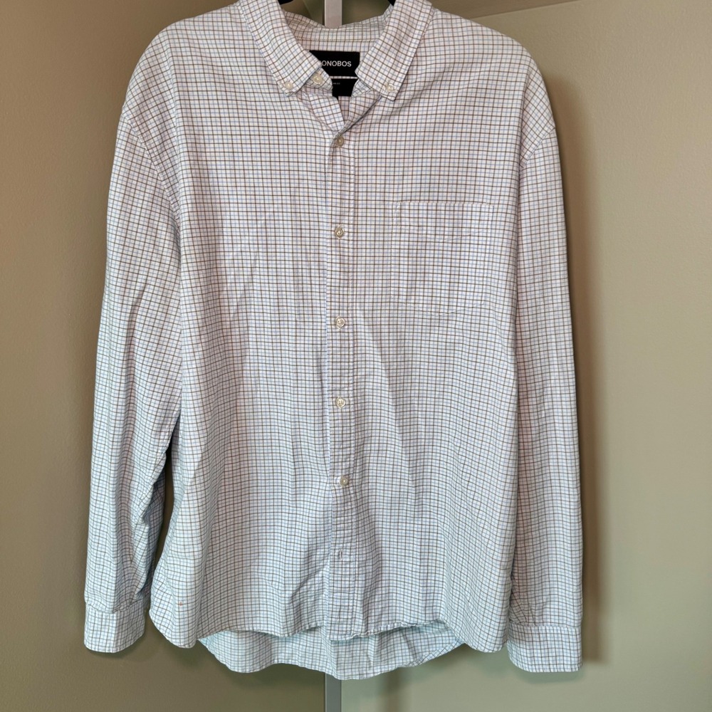 Bonobos Mens XXL Long Standard Fit Button Down Shirt White Blue Gray Grid Check
